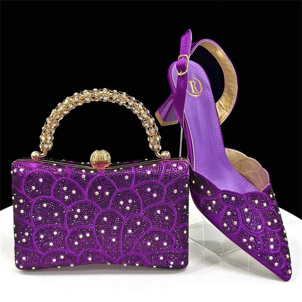 Italian shoes and handbags accessory set with rhinestone. Metal embellishments Wedding shoes.  Bridal shoes Designer.