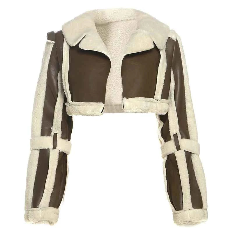 Weird Puss Furry Patchwork Women Crop Jacket Hipster Full Sleeve Open Stitch Hipster Streetwear Warm Outwear Basic Wild Coat