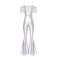 Women Metallic Shiny Dance Jumpsuit Sequin Tassel Sleeveless Bell Bottom Long Pants Bodysuit Romper for Jazz Music Festival.