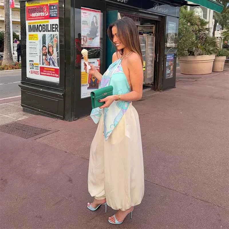 Summer Printed Women Crop Top. Metal Strap Backless Lace Up Tank Top. Chic Party Beach Strapless Shirt.