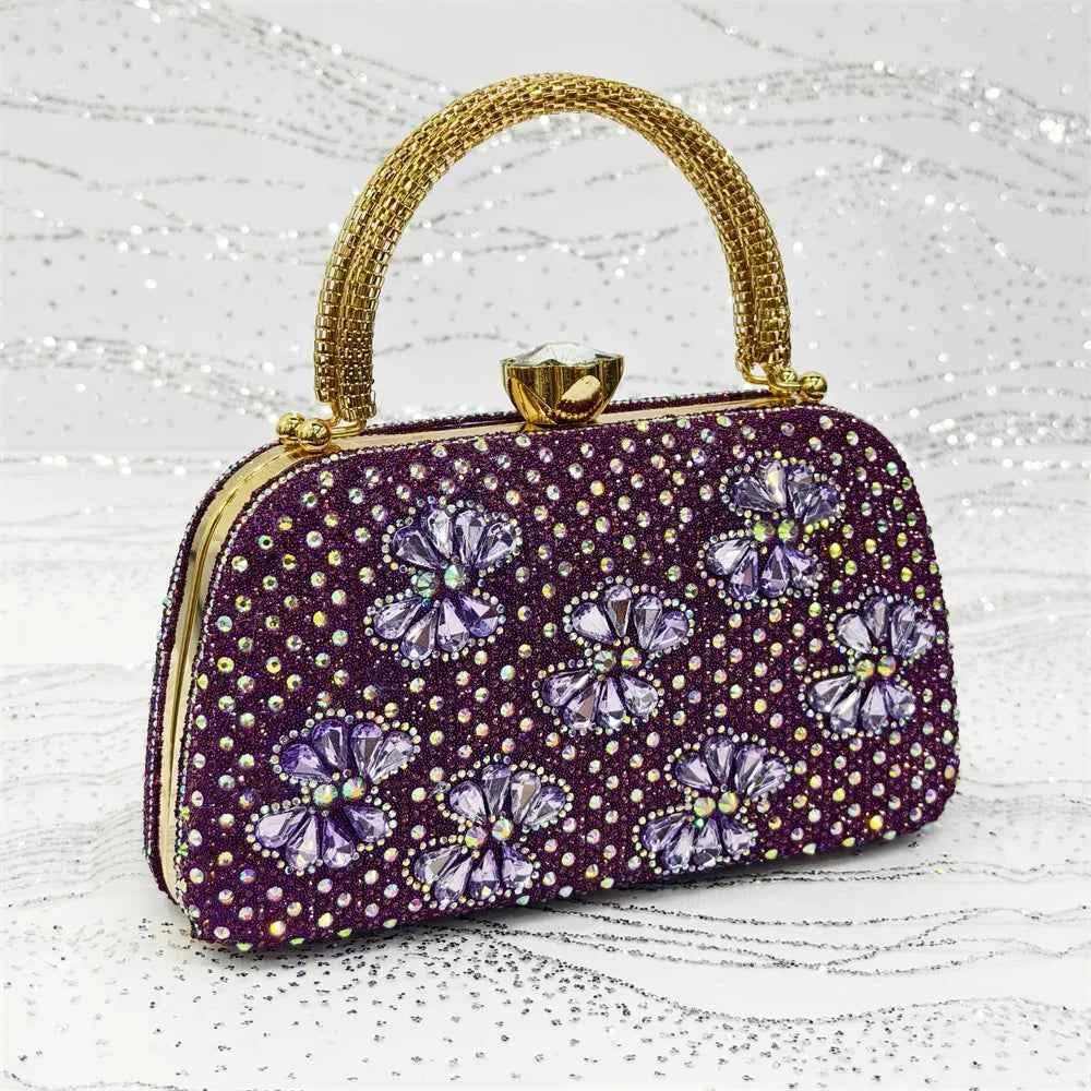 Women’s Purple High Heel Party Shoes and Rhinestone Handbag Set - Italian Design Wedding Style