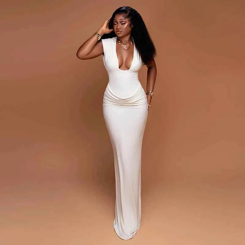 Sexy Ruched Bodycon Maxi Dress Women Solid Sleeveless V-Neck Slim Long Dresses Female Party Evening Clubwaer Evening 2026