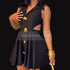 Black dress with gold buttons worn by a person, with &
