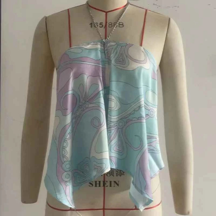 Summer Printed Women Crop Top. Metal Strap Backless Lace Up Tank Top. Chic Party Beach Strapless Shirt.