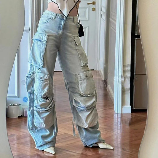 Women's jeans 2025 Winter new low waisted slim fit pure cotton wide leg pants Retro ripped cargo pants Multi pocket denim pants