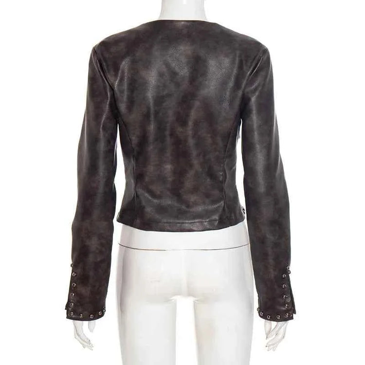 Leather Sexy Jacket Cargo Top. Casual Fashion Crop Sexy Tops.