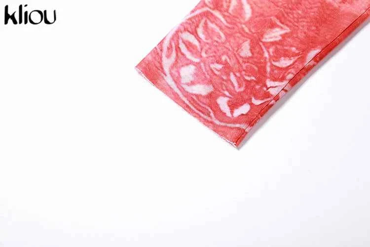 Kliou Mesh Dollar Print Classic T-Shirt Women Casual Aesthetic O-neck Long Sleeve Skinny Tops Hipster Female Gorgeous Attirewear