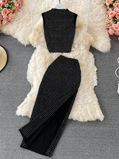 Sexy Black Diamonds 2pcs Set. Women Party Sleeveless Short Tops High Waist Split Skirt Female Two Piece Suits Club Fashion.