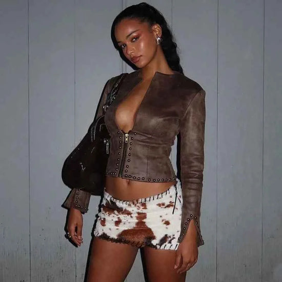 Leather Sexy Jacket Cargo Top. Casual Fashion Crop Sexy Tops.
