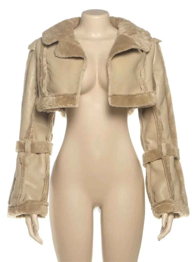 Weird Puss Furry Patchwork Women Crop Jacket Hipster Full Sleeve Open Stitch Hipster Streetwear Warm Outwear Basic Wild Coat