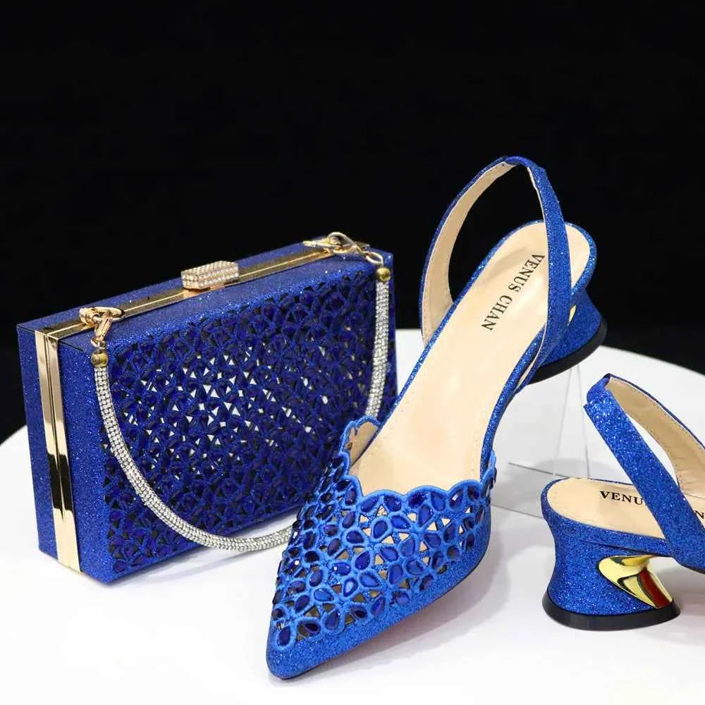 Royal Blue Shoe And Bag With Elegant High Heels.   Italian Popular Design Ladies Shoes Bag Set.