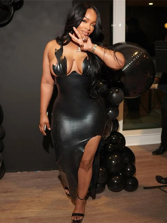 Nibber High Splits Faux Leather Long Dress. Woman Irregular Wrap Chest Backless Dress. Sleeveless Sexy Midnight Club Party Dress.
