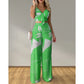 Summer Women Tropical Print Spaghetti Strap Two Piece. Casual Lace up Back Top & High Waist Pants Set 2 Pieces Suit Sets Woman Clothing.