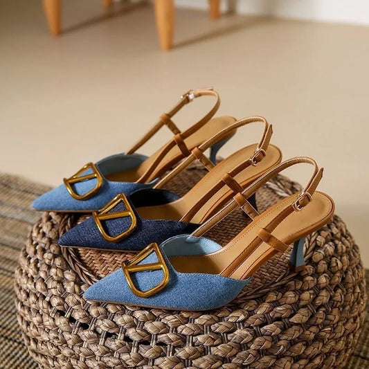Baotou sandals female summer new 7cm fine with fashion sexy pointed head not tired feet outside wear denim high heels