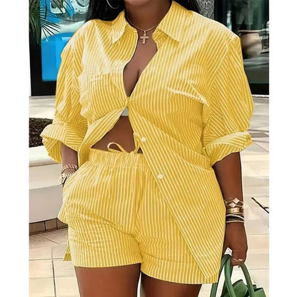 Fashion Colorful Striped Printed Two Piece Set. Women Outfit Suit Casual Summer Button Up Long Sleeve Shirt and Shorts Set.