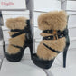 Retro Faux Fur Ankle Boots.  Pointed Toe Buckle Straps Slip-on Thin High Heels Boots 2025 Autumn New Women Fashion Modern Shoes.