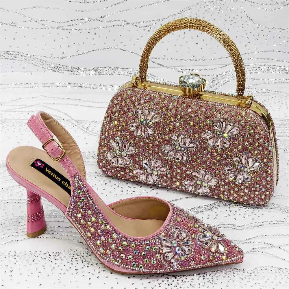 Women’s Purple High Heel Party Shoes and Rhinestone Handbag Set - Italian Design Wedding Style