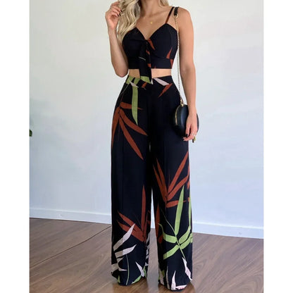 Summer Women Tropical Print Spaghetti Strap Two Piece. Casual Lace up Back Top & High Waist Pants Set 2 Pieces Suit Sets Woman Clothing.
