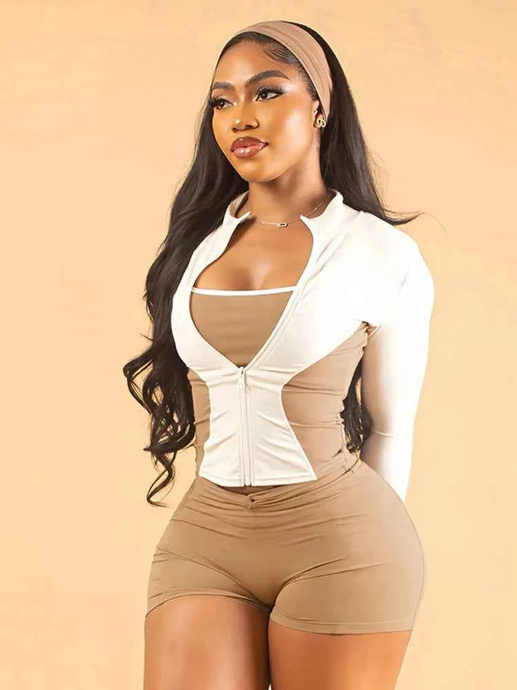 Weird Puss Casual 2piece Set Women Tracksuit Zip Contrast Patchwork Full Sleeve Jacket+Shorts Daily Simple Sporty Street Outfits