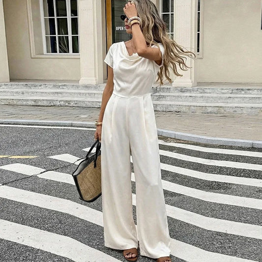 Women's Jumpsuits Simple Solid Short Sleeve Straight Romper Casual Loose Long Pants Spring Summer V Neck High Waist Playsuit