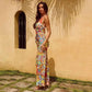 Printed Halter Split Backless Party Sexy Dress. Elegant Spaghetti Strap Long Dress Women  Summer Dress