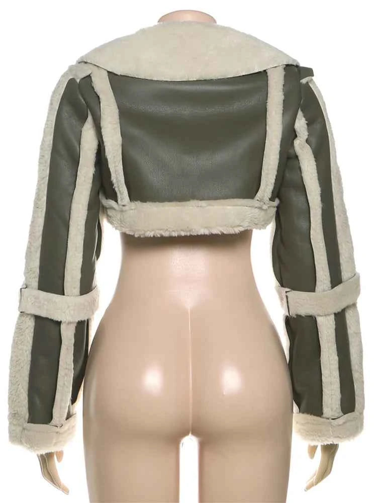 Weird Puss Furry Patchwork Women Crop Jacket Hipster Full Sleeve Open Stitch Hipster Streetwear Warm Outwear Basic Wild Coat