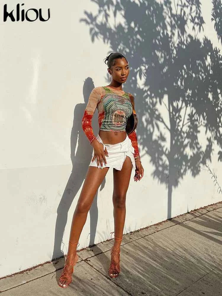 Kliou Mesh Dollar Print Classic T-Shirt Women Casual Aesthetic O-neck Long Sleeve Skinny Tops Hipster Female Gorgeous Attirewear