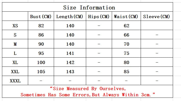 Size chart with measurements for clothing in centimeters