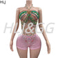 Sexy Beading Camisole Vest Hollow Out Two Piece Sets Women Sleeveless Backless Irregular Top And Shorts Club Streetwear