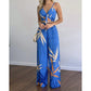 Summer Women Tropical Print Spaghetti Strap Two Piece. Casual Lace up Back Top & High Waist Pants Set 2 Pieces Suit Sets Woman Clothing.