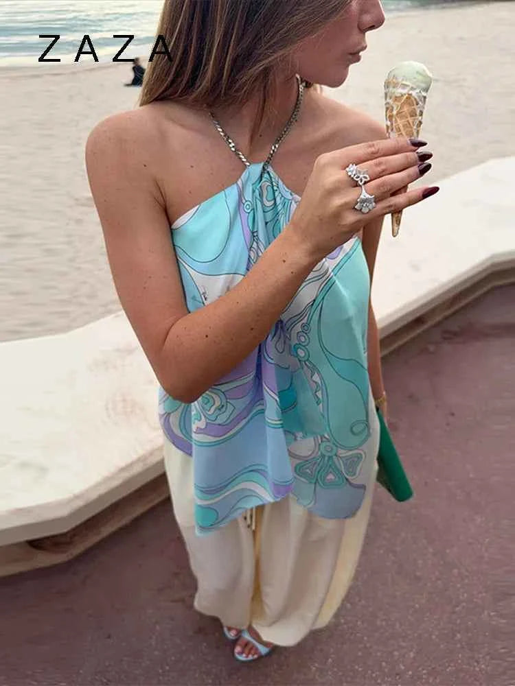 Summer Printed Women Crop Top. Metal Strap Backless Lace Up Tank Top. Chic Party Beach Strapless Shirt.