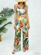 Women Sleeveless V-neck Tropical Print Satin High Waist Wide Leg 2 Piece Set. Boho Spring Summer Vacay Beach Lightweight Set.