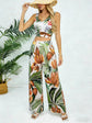 Women Sleeveless V-neck Tropical Print Satin High Waist Wide Leg 2 Piece Set. Boho Spring Summer Vacay Beach Lightweight Set.