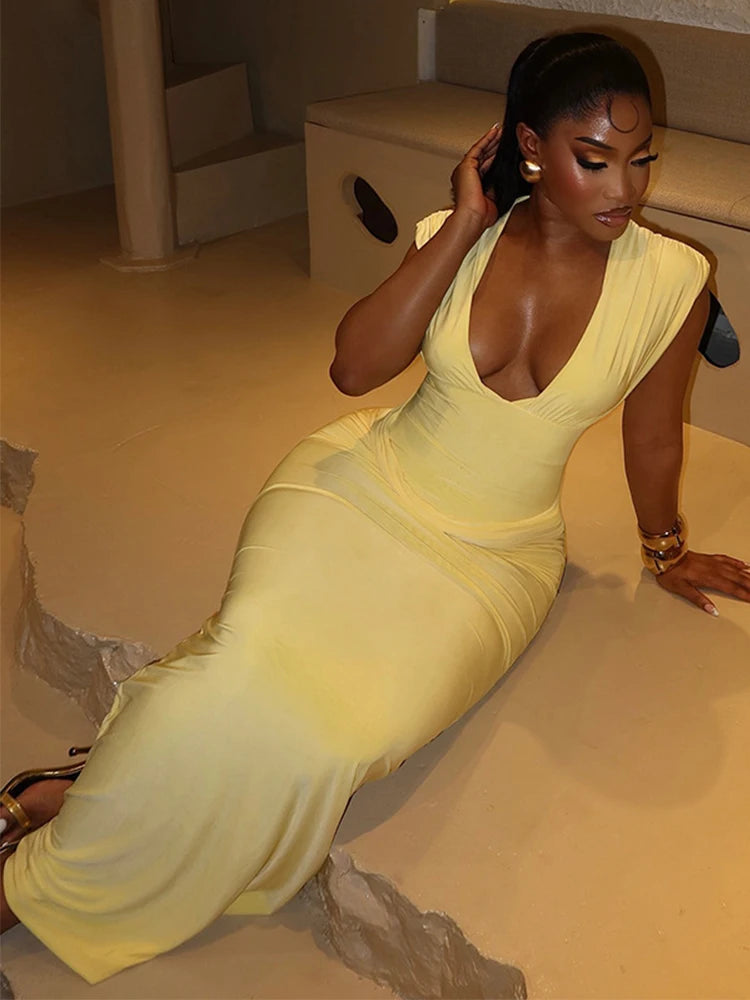 Sexy Ruched Bodycon Maxi Dress Women Solid Sleeveless V-Neck Slim Long Dresses Female Party Evening Clubwaer Evening 2026