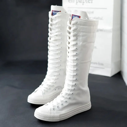 Canvas Long Boots for Women. High Top Women Canvas Shoes. Lace Up Knee High Boots. Flats Casual Vulcanized Shoes Sneakers Girls.