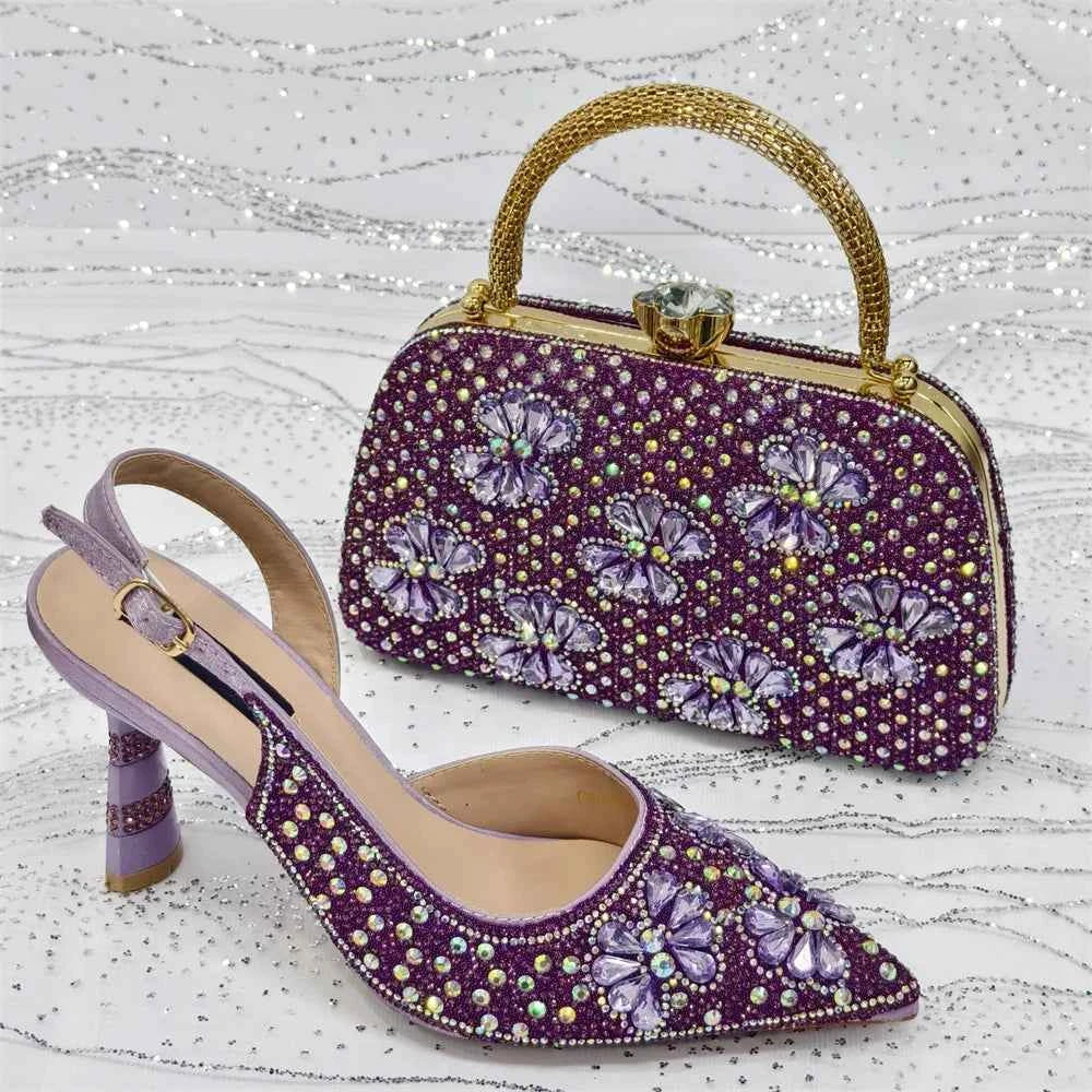 Women’s Purple High Heel Party Shoes and Rhinestone Handbag Set - Italian Design Wedding Style