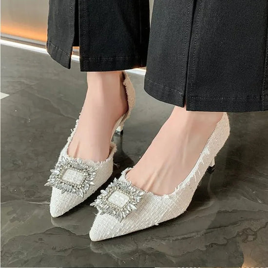White Design Rhinestones Women Pumps. Spring Fashion Pointed Toe Female Shallow High Heels. Elegant Women&