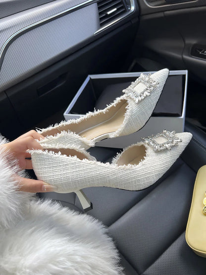 White Design Rhinestones Women Pumps. Spring Fashion Pointed Toe Female Shallow High Heels. Elegant Women&