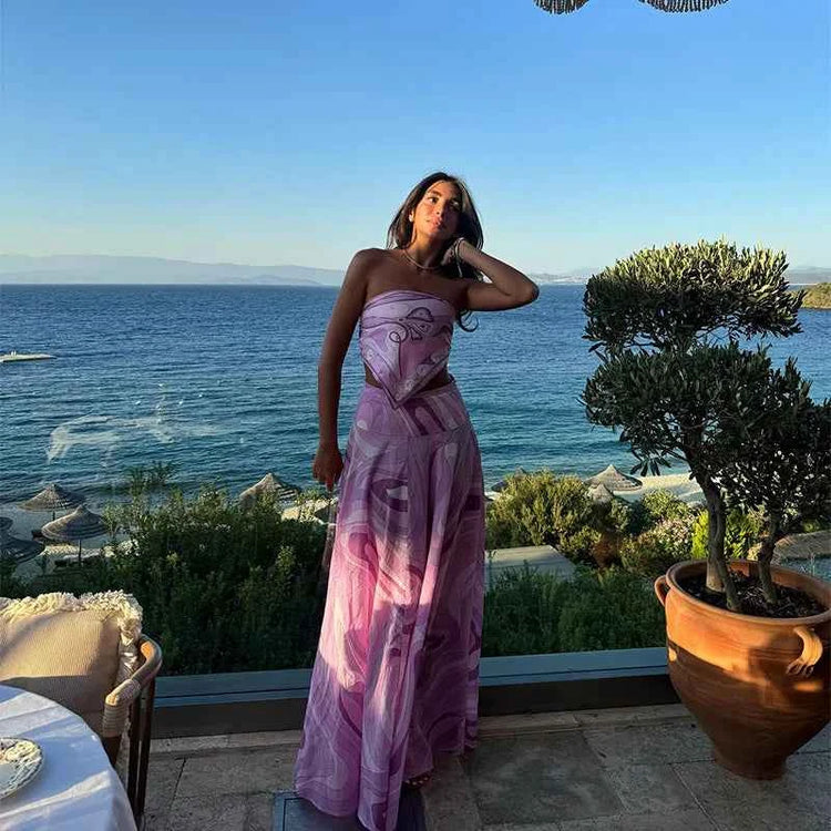 Summer Printed Women Crop Top. Metal Strap Backless Lace Up Tank Top. Chic Party Beach Strapless Shirt.