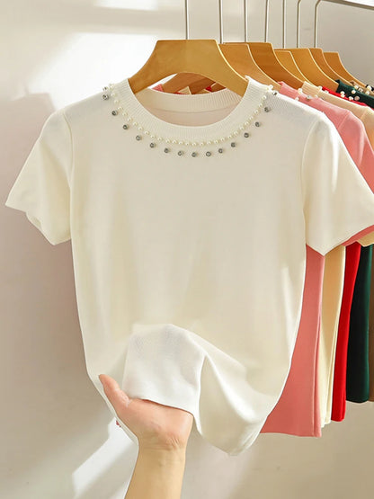 Knitted T-shirt Women Top. Solid Tank Y2K Summer New Fashion Female Sleeveless Beading Casual Thin Tops