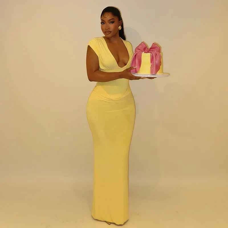 Sexy Ruched Bodycon Maxi Dress Women Solid Sleeveless V-Neck Slim Long Dresses Female Party Evening Clubwaer Evening 2026