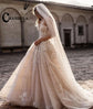 CHANDELA Breathtaking Strapless Wedding Dress. Stunning Lace Appliques and Flowy Bridal Dress.