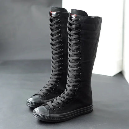 Canvas Long Boots for Women. High Top Women Canvas Shoes. Lace Up Knee High Boots. Flats Casual Vulcanized Shoes Sneakers Girls.