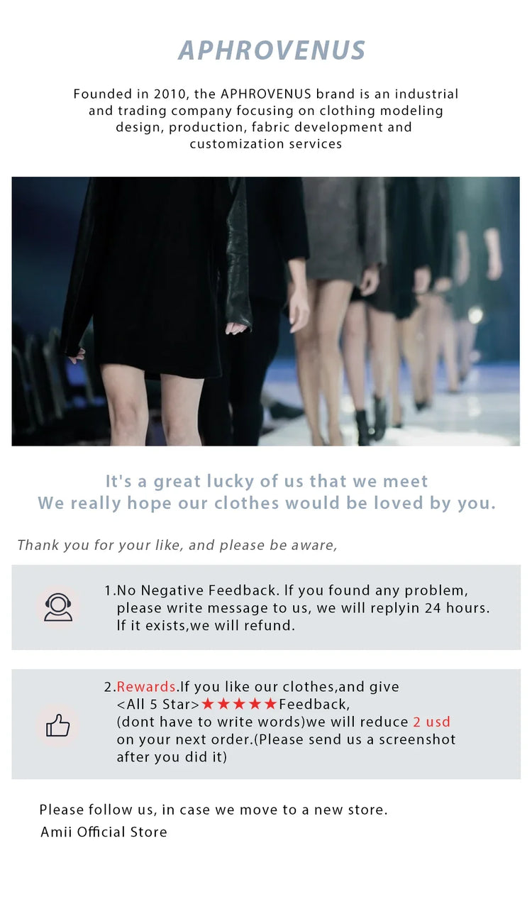 Promotional text about the APHROVENUS brand with a blurred image of people in black outfits.