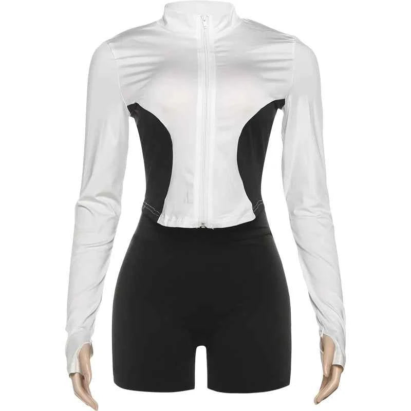 Weird Puss Casual 2piece Set Women Tracksuit Zip Contrast Patchwork Full Sleeve Jacket+Shorts Daily Simple Sporty Street Outfits