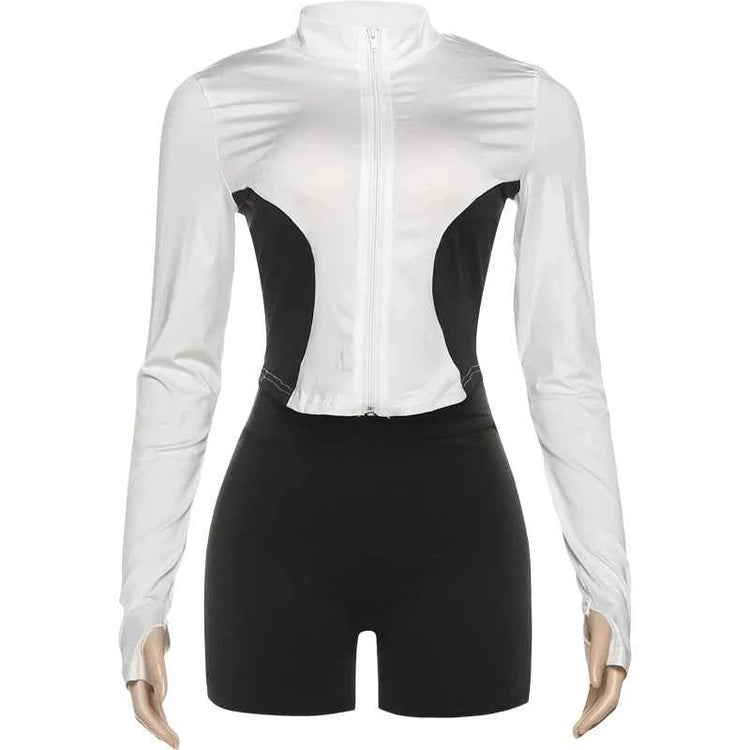 Weird Puss Casual 2piece Set Women Tracksuit Zip Contrast Patchwork Full Sleeve Jacket+Shorts Daily Simple Sporty Street Outfits