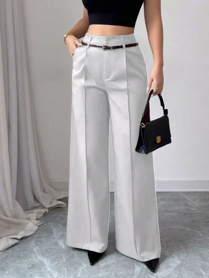 High Waist Solid Pants For Women. Casual Belt Wide-leg Trousers.Ladies With Pockets Office Wear Pants.