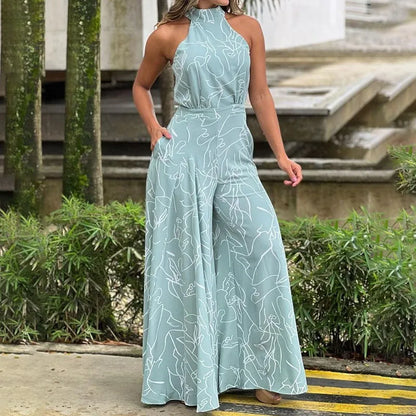 2025 Summer Elegant Women Chic Printed Jumpsuit New Fashion Halter Neck Leace-up Office Lady Commuting High Waist Wide Leg Pants