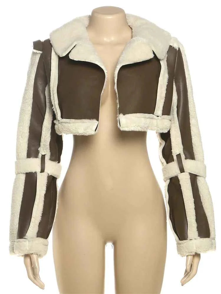 Weird Puss Furry Patchwork Women Crop Jacket Hipster Full Sleeve Open Stitch Hipster Streetwear Warm Outwear Basic Wild Coat