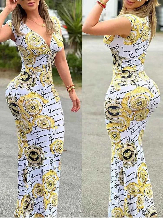 Summer Women Sexy Dress. New Fashion Print Sleeveless Elegant Long Dress.  Female V-Neck Casual Bodycon Dress.